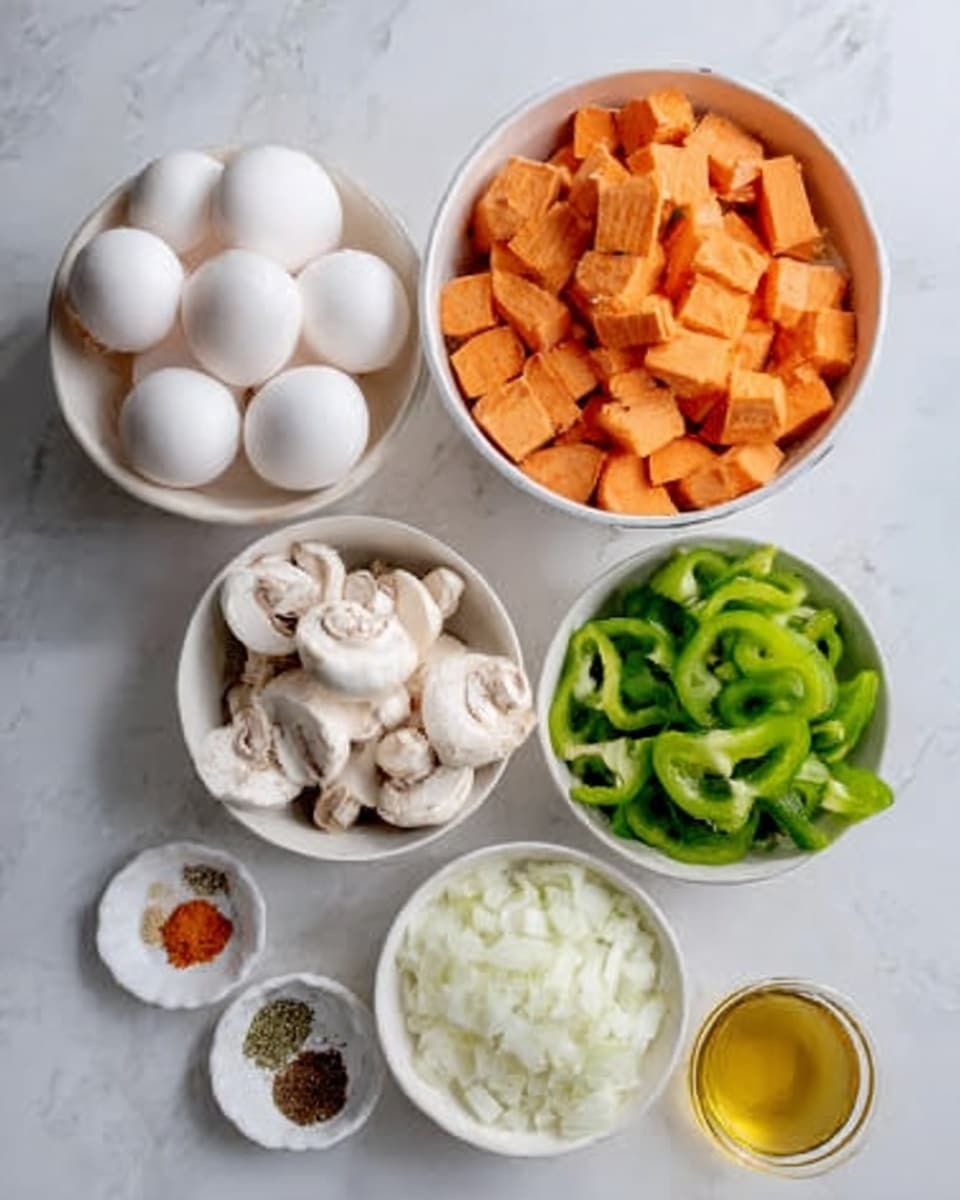 The image shows six white bowls placed on a white marbled surface, each containing different ingredients. The largest bowl in the back right is filled with bright orange cubes of sweet potato. To its left, another large bowl holds many whole white eggs. In front of the eggs, a medium bowl contains white sliced mushrooms. Next to the mushrooms, a smaller bowl is filled with chopped green bell peppers. Below that, there is a small bowl with minced white onions. At the bottom left corner, a tiny white bowl has a few different spices, and beside it is a small container with golden-colored oil. The colors are natural and soft, highlighting the fresh and raw quality of the ingredients. photo taken with an iphone --ar 4:5 --v 7