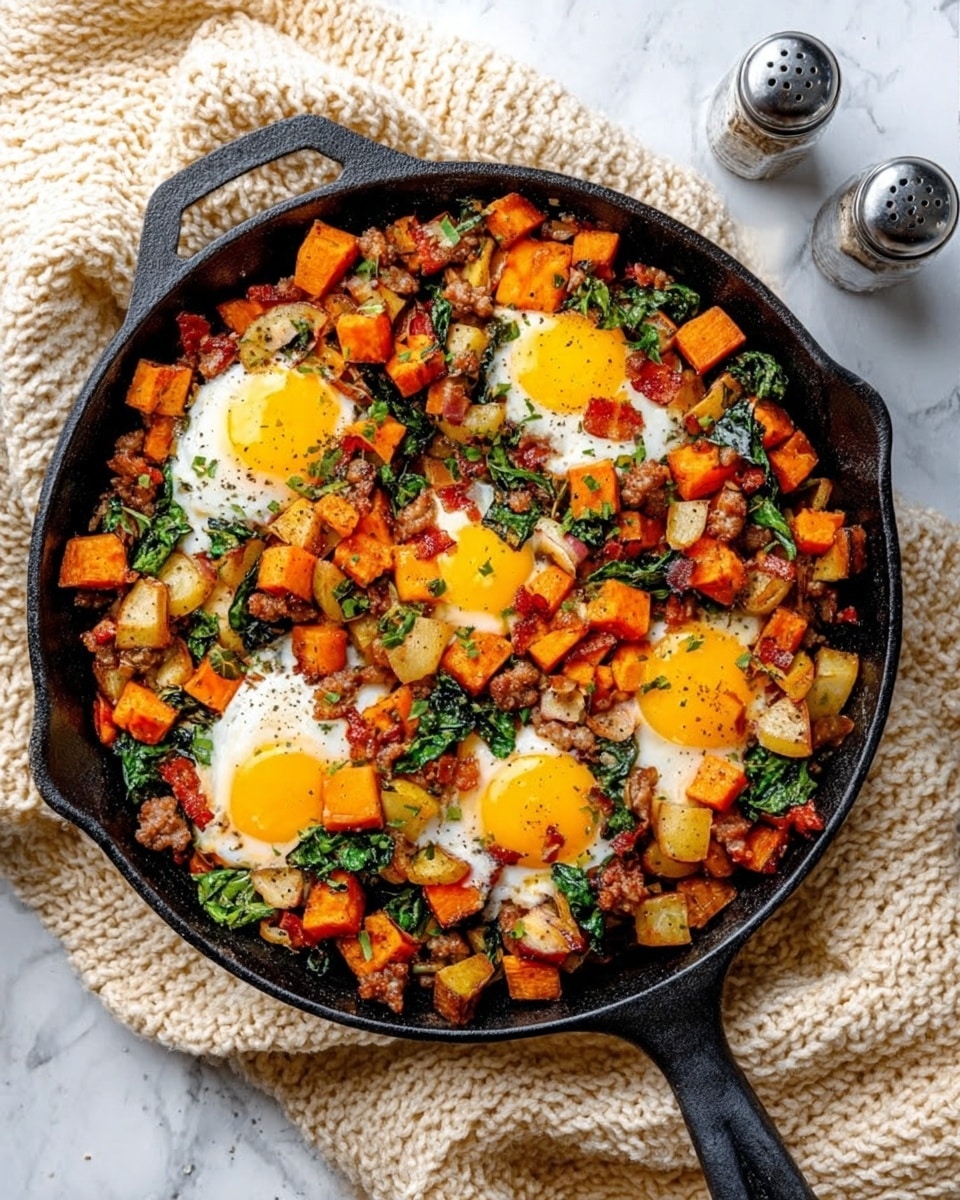 A black skillet filled with a colorful hash dish, featuring three sunny yellow egg yolks sitting on top, surrounded by chunks of bright orange sweet potatoes, golden brown cooked potatoes, and green leafy vegetables. Small pieces of browned sausage or meat are mixed evenly throughout. The skillet rests on a soft cream and beige knitted cloth, and a white marbled surface forms the background. Nearby, a salt and pepper shaker sit on the right side, and a woman's hand is reaching from the bottom right corner, touching the edge of the skillet photo taken with an iphone --ar 4:5 --v 7