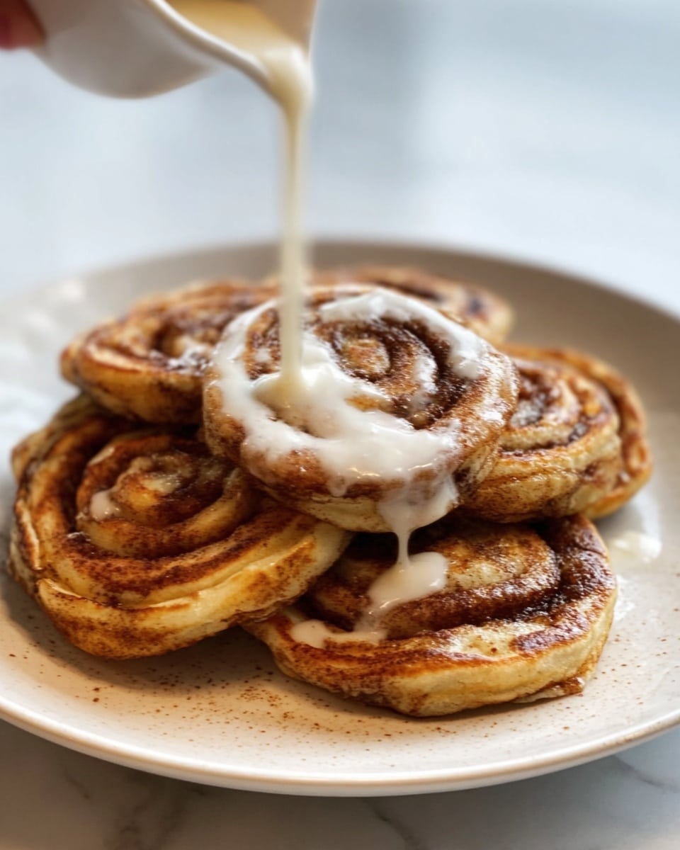 The image shows a white plate with a blue geometric pattern filled with three cinnamon rolls stacked slightly overlapping. Each cinnamon roll has a golden-brown baked dough base with swirls of dark brown cinnamon filling clearly visible, topped with a creamy, melted white icing that covers large parts of the rolls, giving a glossy texture. The cinnamon rolls sit on a white marbled surface. Photo taken with an iphone --ar 4:5 --v 7