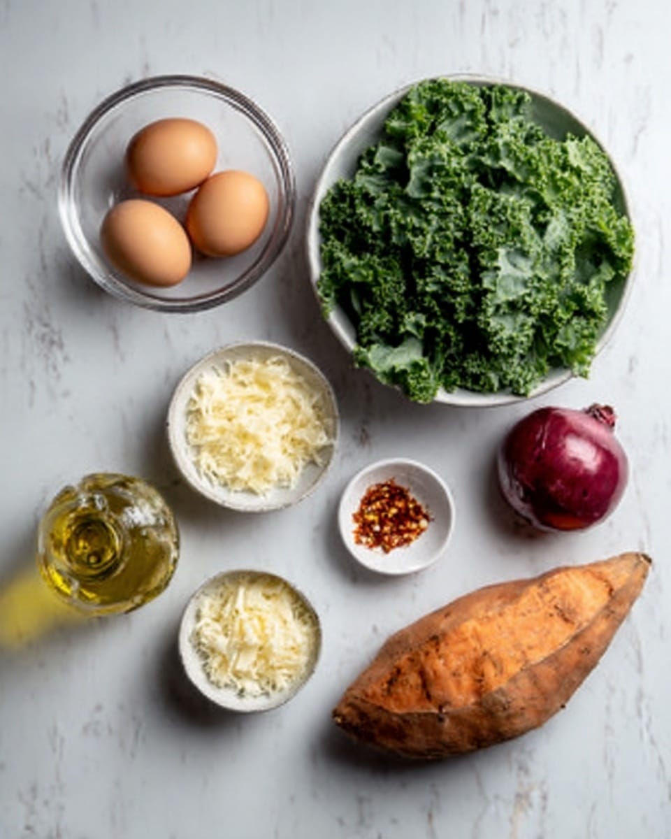The image shows a white marble surface with ingredients neatly arranged: three brown eggs in a small clear glass bowl on the left, a medium-sized white bowl filled with fresh green kale leaves in the center, a small white bowl holding grated light yellow cheese, a tiny white bowl with red chili flakes, a medium red onion, a bottle of golden olive oil, and a large sweet potato with orange skin placed on the right side, all spread out and well-lit. Photo taken with an iphone --ar 4:5 --v 7