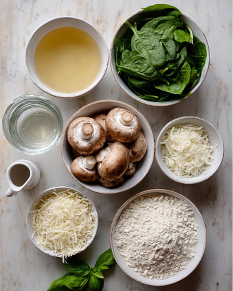 The image shows six small white bowls and one white cup on a white marbled surface. The top left bowl holds a light yellow liquid, the top center bowl is filled with fresh green spinach leaves, and the top right holds clear liquid. Below, the middle center bowl contains whole brown mushrooms with white stems. The bottom row has three bowls: the left bowl contains shredded white cheese, the center bowl is filled with a pile of light beige flour, and the right bowl holds finely chopped white onions. A small portion of green basil leaves is at the bottom center of the image. Photo taken with an iphone --ar 4:5 --v 7