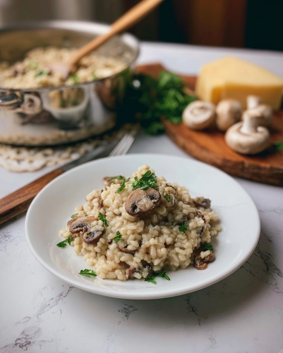 A white plate sits on a white marbled surface, holding a mound of creamy risotto mixed with light brown sliced mushrooms and small green parsley leaves on top. Behind the plate on the left, there is a metal pot filled with more risotto, with a wooden spoon resting inside it. To the right side, a wooden board holds a few fresh mushrooms and a block of yellow cheese. The scene is softly lit, showing the smooth and slightly shiny texture of the risotto photo taken with an iphone --ar 4:5 --v 7