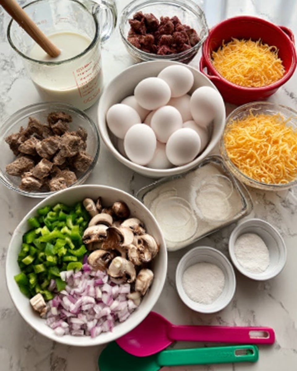 The image shows a white marbled surface with several clear glass and white bowls filled with ingredients. In the front center, a white bowl holds chopped green peppers, diced red onions, and small pieces of mushrooms. To the right, there are white small bowls with a few white powder spices. Behind them, a clear glass measuring cup is filled with milk. On the left side, a larger white bowl holds a wooden spoon and some dark red or brown food. Next to it, a white bowl contains cooked brown meat chunks. In the center, a group of whole white eggs are placed next to a red measuring cup filled with shredded yellow cheese. Brightly colored measuring spoons are laid beside the bowls. The whole setup is neatly arranged on the white marbled surface. Photo taken with an iphone --ar 4:5 --v 7