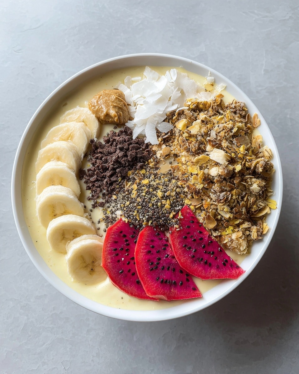 The dish is served in a white bowl on a white marbled surface. The base layer is smooth and creamy, pale yellow in color, spread evenly. On top, there are several distinct layers arranged in sections. At the left edge, thin slices of banana lay in a neat row, light yellow with a soft texture. Next to the bananas, there is a small dollop of light brown nut butter. Above this, there are small bright white coconut flakes scattered. Toward the center, dark brown cacao nibs form a small pile with a rough texture. To the right of these, bright red dragon fruit slices are placed in a fan shape. The largest section is a mix of golden brown granola with bits of oats, seeds, and coconut flakes, sprinkled with small dark chia seeds that add contrast. The overall look is colorful with a mix of smooth, crunchy, and soft textures. Photo taken with an iphone --ar 4:5 --v 7