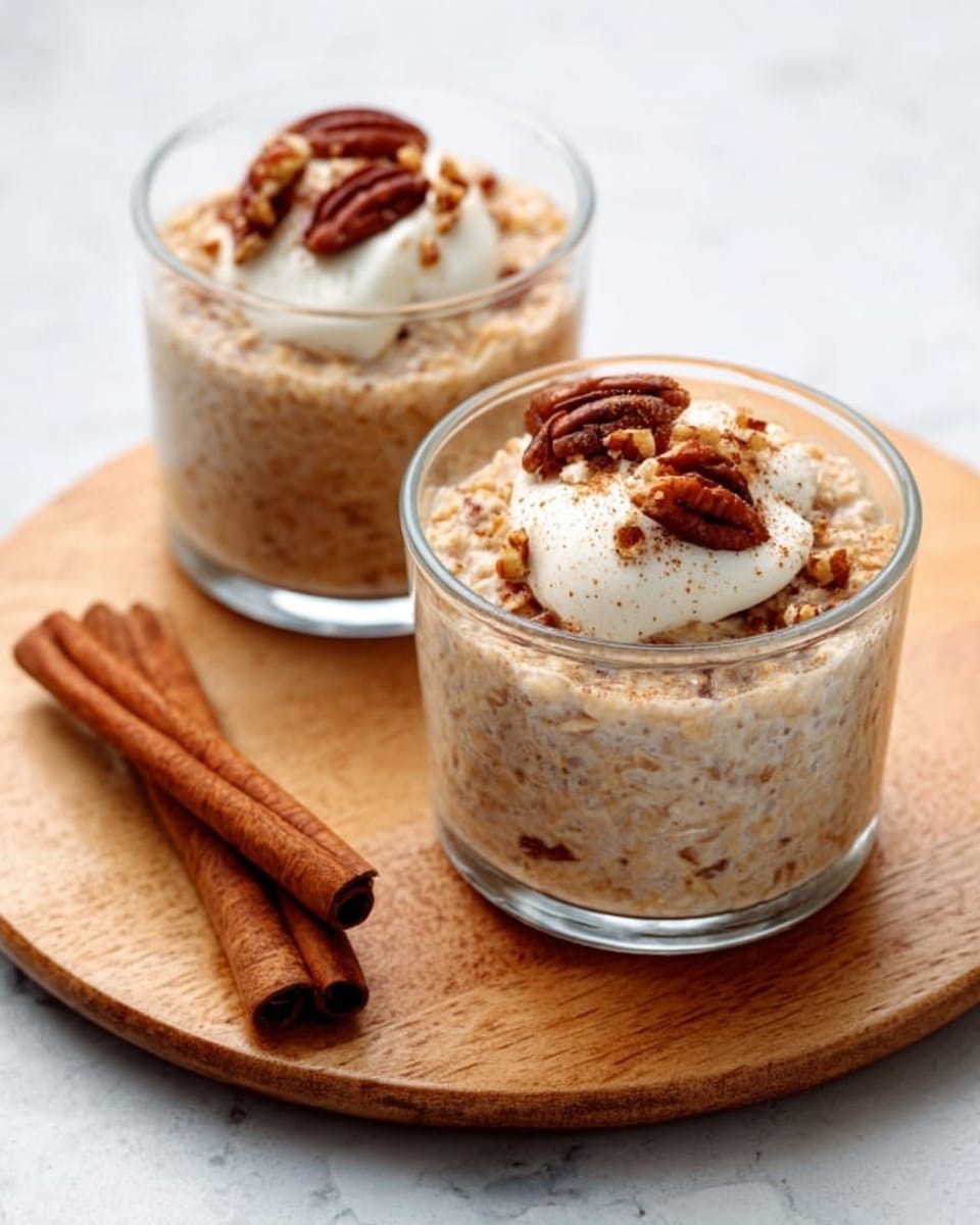 The image shows two small clear glass cups filled with creamy oatmeal, each topped with a dollop of white cream and a few pecan pieces on top. The oatmeal has a light brown color with visible oats. The cups are placed on a round wooden board with two cinnamon sticks next to them. The background is a white marbled surface, creating a clean and simple look. photo taken with an iphone --ar 4:5 --v 7