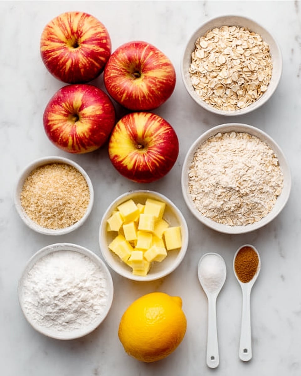 The image shows a neatly arranged set of ingredients on a white marbled surface. There are five red apples with yellow streaks placed in a close group near the center. Surrounding them are small white bowls filled with different ingredients: one with light brown powder, one with grainy oats, one with white flour, one with cubed yellow butter, and one with white granulated sugar. To the right of the apples, there is a whole yellow lemon and an orange. Two small white spoons, one with a brown powder and the other empty, rest on the surface with their handles pointing upward. The layout is clean and organized, showcasing the ingredients distinctly. Photo taken with an iphone --ar 4:5 --v 7