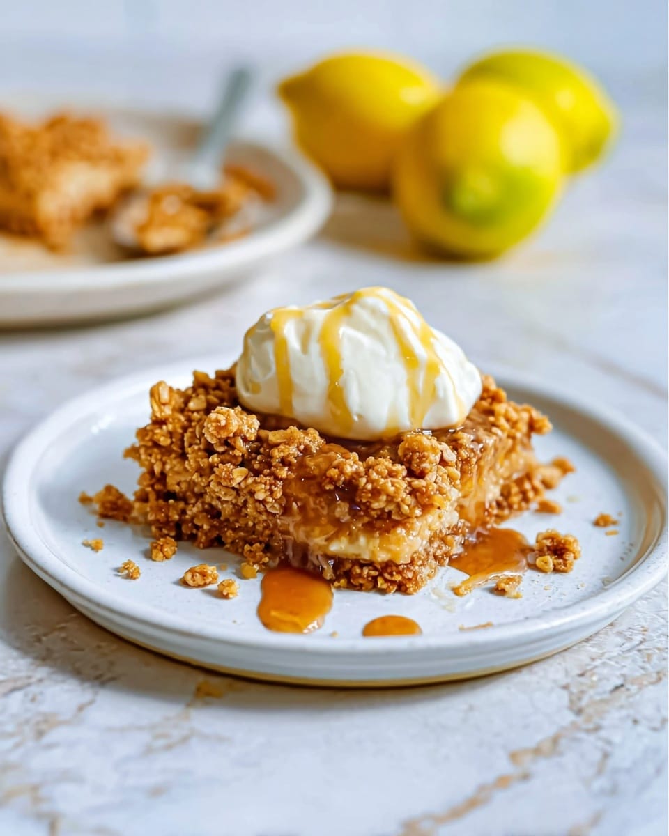 A white plate holds a single serving of a crumbly golden brown dessert with a rough, slightly chunky texture. On top, there is a dollop of smooth white cream or yogurt, drizzled with light brown syrup. In the background, two whole yellow lemons and a white plate with more of the dessert are visible on a white marbled surface. The photo taken with an iphone --ar 4:5 --v 7