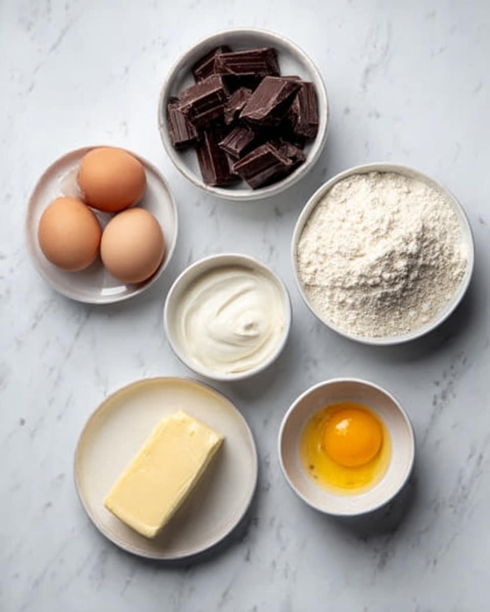 A top view of six small white bowls on a white marbled surface, each holding different ingredients. One bowl contains dark brown chocolate pieces with a smooth texture, another bowl filled with white cream, one with two light brown eggs, a bowl holds fine white flour, a chunk of pale yellow butter sits on one plate, and the final bowl has a small amount of golden egg yolk. The bowls are arranged in a loose circle. photo taken with an iphone --ar 4:5 --v 7