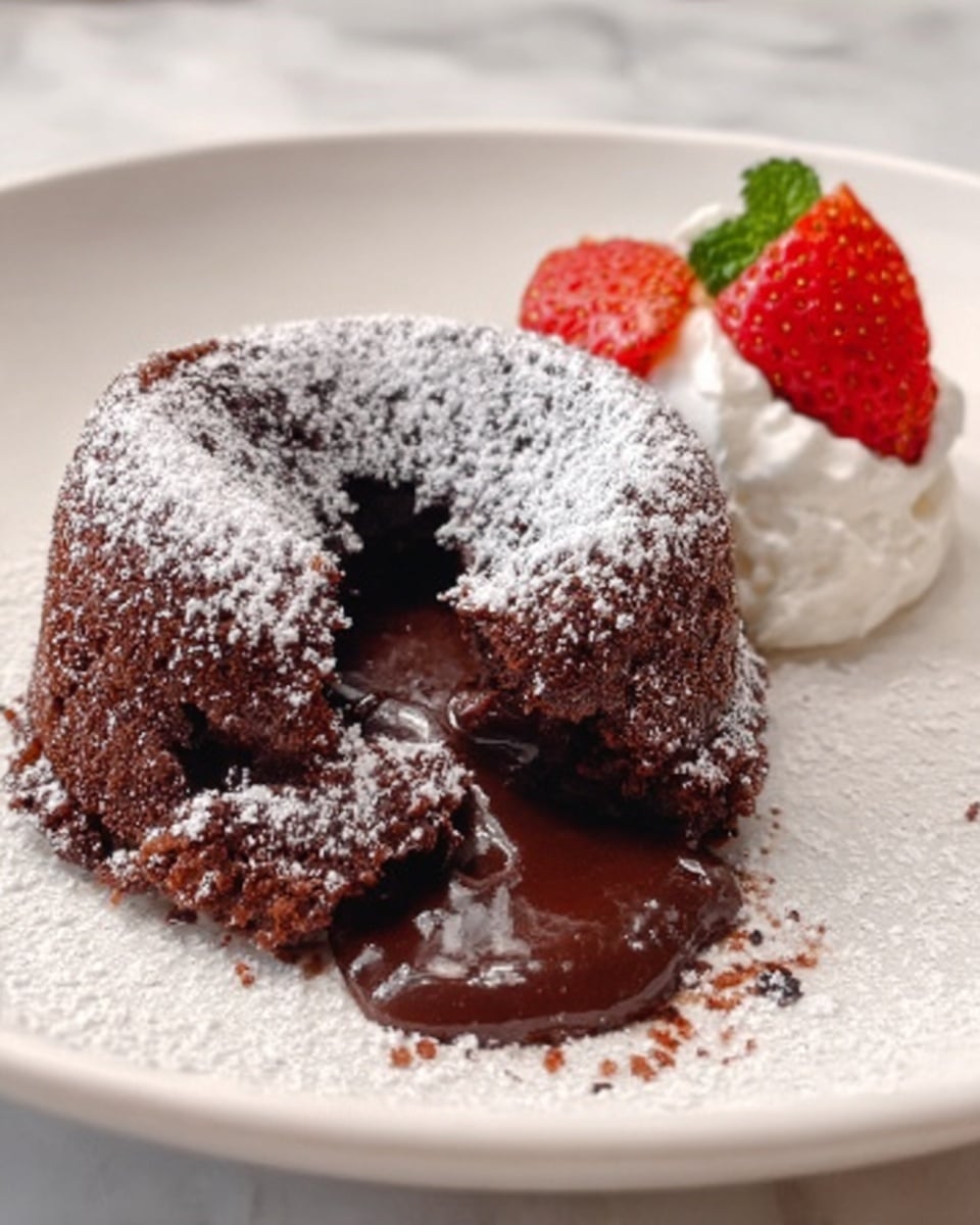 The image shows a chocolate lava cake on a white plate, placed on a white marbled surface. The cake has one thick round layer with a rough, slightly cracked dark brown top dusted with powdered sugar. A rich, melted chocolate center flows out from a small opening on one side, creating a glossy, smooth texture that spreads onto the plate. Next to the cake, there is a dollop of white cream topped with a half strawberry, red with green leaves, adding a fresh touch to the scene. photo taken with an iphone --ar 4:5 --v 7