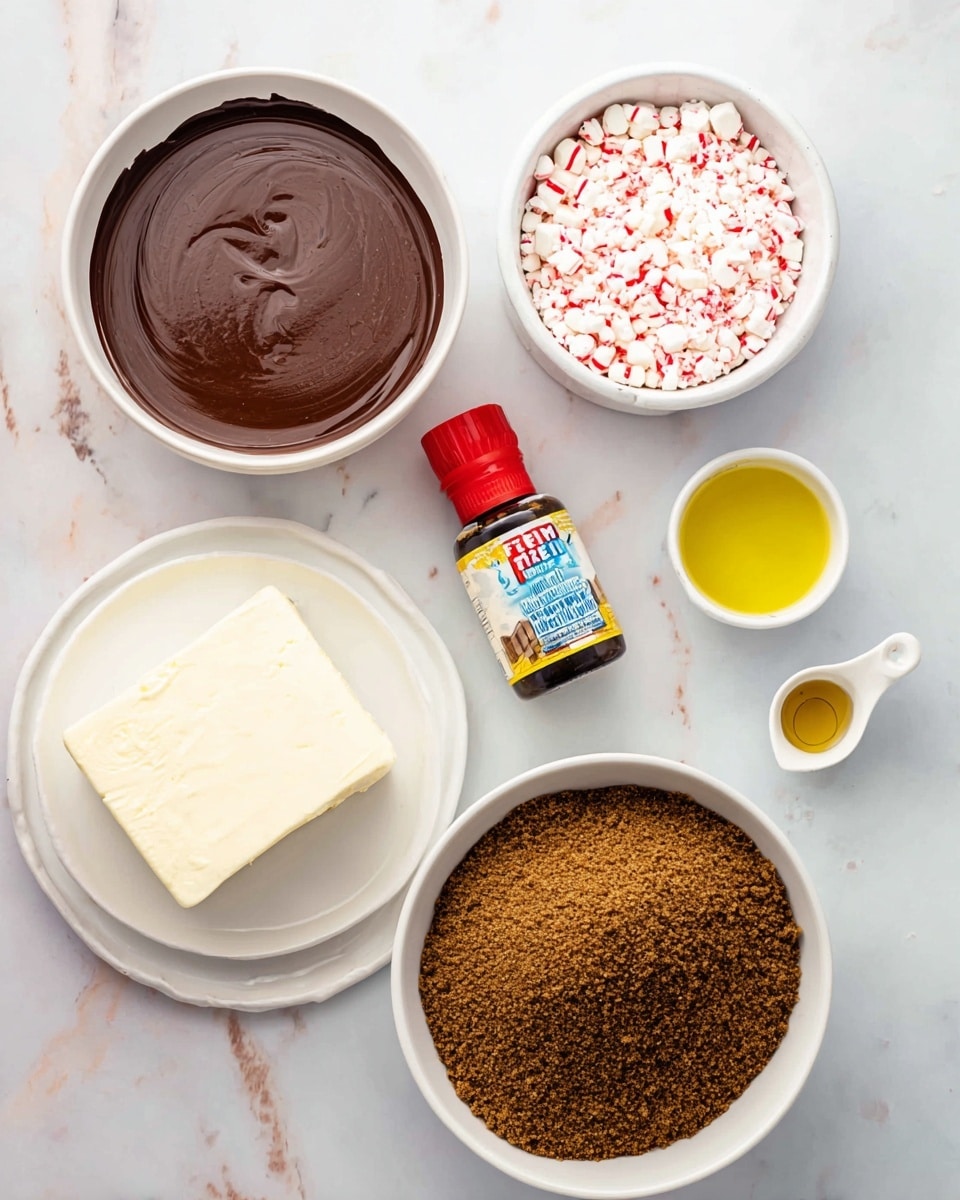 The image shows six ingredients arranged neatly on a white marbled surface. At the top left is a white bowl filled with thick, smooth dark brown chocolate. To its right is a smaller white bowl filled with small white and red peppermint candy pieces. Below the chocolate bowl is a block of pale cream cream cheese resting on a small white plate. Near the center is a small brown and yellow bottle of peppermint extract with a red cap. To the right of the peppermint extract is a small white measuring cup holding a golden yellow liquid. At the bottom right is a large white bowl full of finely crushed brown graham cracker crumbs. Photo taken with an iphone --ar 4:5 --v 7
