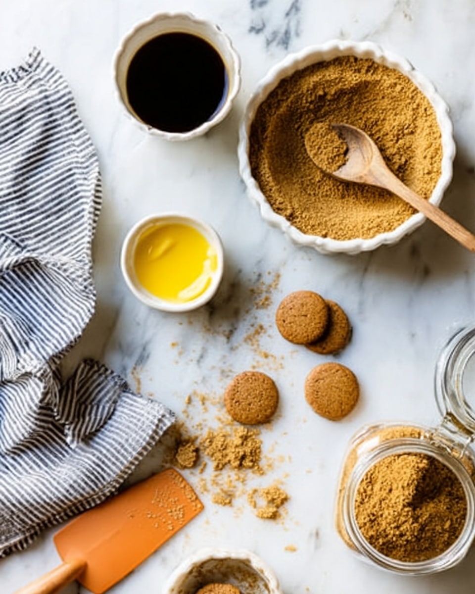 The image shows a white marbled surface with a white bowl at the top right containing a brown powdery spice mix with a wooden spoon resting inside it. To the left, there is a small white bowl filled with melted yellow butter, and next to it, a white cup holding a dark liquid, likely coffee. On the surface below, a few scattered small round brown cookies and spilled pieces of the same cookie are present near an open jar with brown powder inside. A striped cloth is placed to the left side, and a woman's hand is holding the wooden spoon inside the bowl. An orange spatula lies flat on the marble near the bottom left corner. photo taken with an iphone --ar 4:5 --v 7