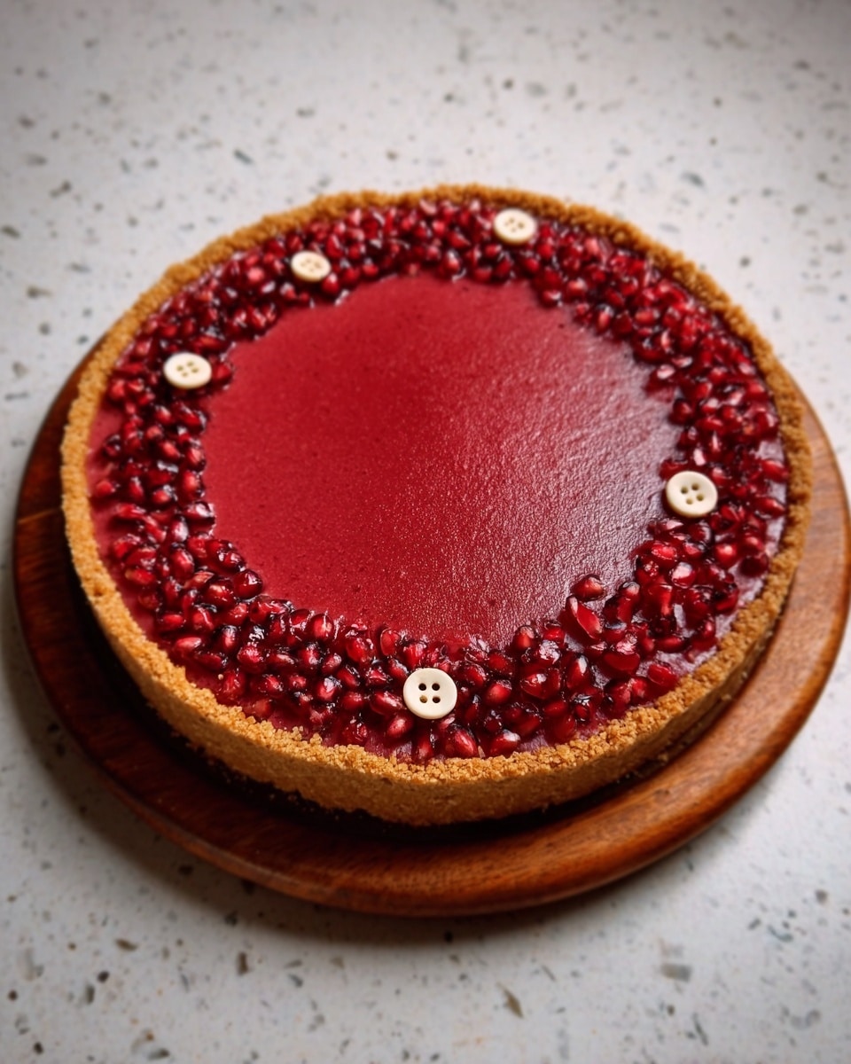 The image shows a round tart with three visible layers. The base layer is a golden brown crust that looks crisp and slightly crumbly. Above it is a thick smooth filling in a deep red color. On top of this red layer, there is a ring of small red seeds or berries placed around the edge, adding texture and shine. Scattered among the berries are a few small white decorations shaped like buttons, which create a contrast with the red. The tart is sitting on a wooden board, placed on a white marbled surface. Photo taken with an iphone --ar 4:5 --v 7