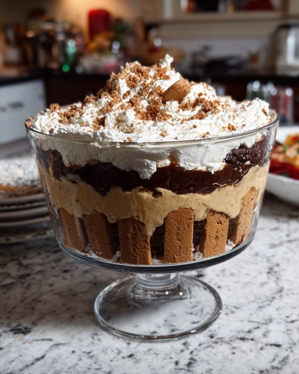 The image shows a clear glass trifle bowl with multiple layers of dessert on a white marbled counter. The bottom layer is made of beige cookie pieces standing upright around the edge, visible through the glass. Above the cookies, there is a rich, dark brown layer of pudding or chocolate. Next, a tan-colored creamy layer sits on top of the dark layer. The dessert is topped with a thick, fluffy white whipped cream layer sprinkled with small brown crumbs, likely crushed cookies. The background shows a kitchen countertop with various items slightly blurred. photo taken with an iphone --ar 4:5 --v 7