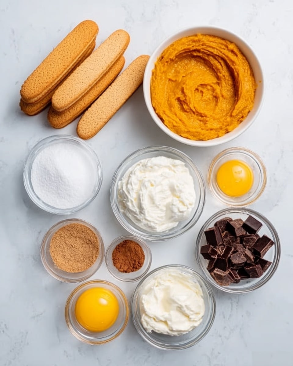 The image shows a white marbled surface with 10 items arranged neatly. At the top left, there are five light brown ladyfinger biscuits stacked side by side. To their right is a white bowl filled with thick orange pumpkin puree, showing a smooth texture with some small grooves. Below these, from left to right, are small clear glass bowls: an empty bowl, a bowl with fine white sugar, and a bowl with soft white cream cheese. Below these at the bottom left is a small bowl with light brown cinnamon powder, followed by a bowl of bright yellow egg yolks. Next to these are three bowls in a row: one with smooth white thick cream, a bowl with a mix of dark and milk chocolate pieces melted together, and a bowl with a fine brown powder, likely cocoa. The setup is clean and bright on the white marble background. Photo taken with an iphone --ar 4:5 --v 7