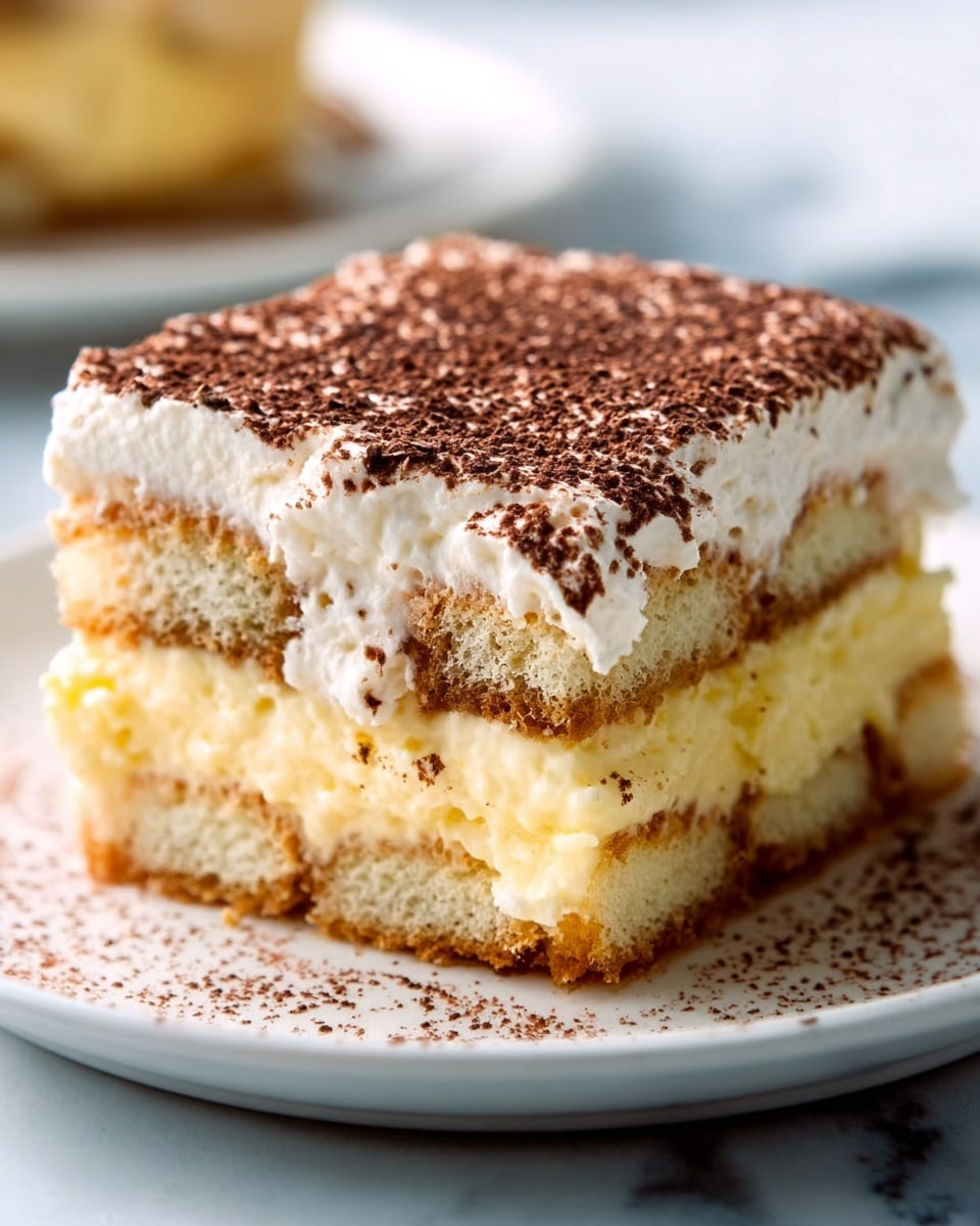 A close-up view of a square piece of layered dessert on a white plate, placed on a white marbled surface. The dessert has three visible layers of creamy light yellow filling between soft sponge cake soaked in coffee. The top layer is thick with whipped cream that is white and fluffy, sprinkled evenly with fine dark brown cocoa powder. The edges show the smooth texture of the cream and the slightly porous soaked cake layers underneath. Photo taken with an iphone --ar 4:5 --v 7