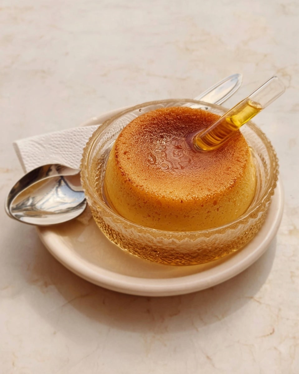The image shows a round, golden-brown dessert with a slightly shiny top, placed in a transparent glass bowl that has a textured side. The bowl sits in a plain white bowl with a small fork and spoon resting beside it on the edge. The background surface is a white marbled texture. A transparent pipette filled with light amber liquid is placed on the dessert, slightly tilted on the right side as if ready to squeeze the liquid on top. The overall look is clean and simple, with soft natural light and slight shadows. Photo taken with an iphone --ar 4:5 --v 7