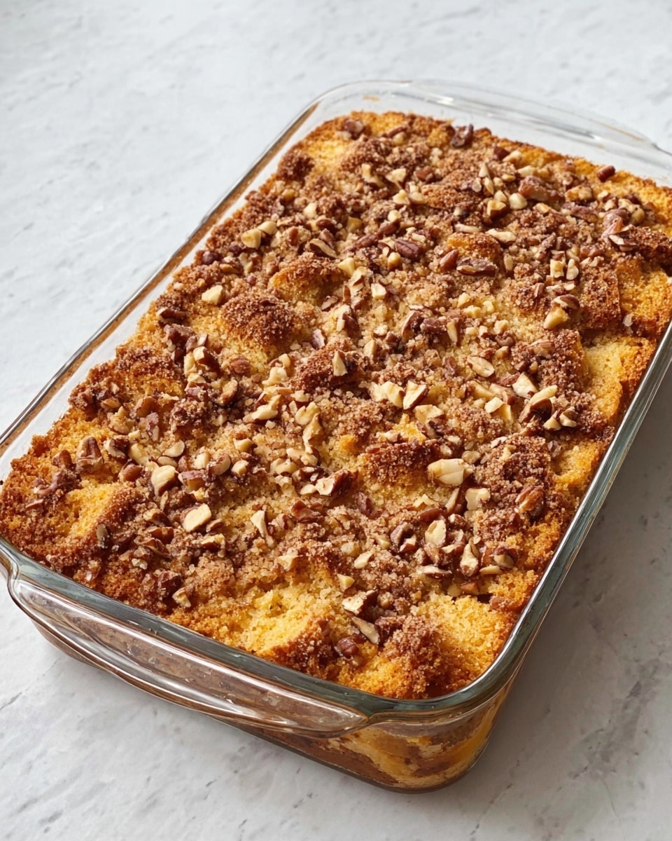 A clear glass baking dish filled with a golden brown dessert that has a crumbly texture on top. The top is sprinkled with chopped nuts that add a rough, crunchy look in different shades of brown. The dessert has small visible pieces of bread or cake that are slightly toasted, scattered throughout the surface. The baking dish sits on a white marbled surface that adds a clean, soft background to the warm tones of the dessert. photo taken with an iphone --ar 4:5 --v 7