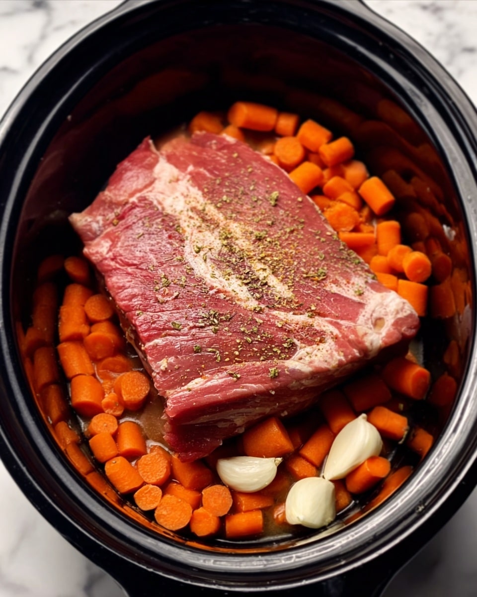 The image shows a slow cooker with a thick piece of raw meat on top of small orange baby carrots and several whole cloves of garlic at the bottom. The meat is pinkish-red with some white fat and seasoning sprinkled on top. The carrots cover the entire base of the slow cooker and the garlic cloves are scattered among them. The inside of the slow cooker is black, and the background surface is white marble. photo taken with an iphone --ar 4:5 --v 7