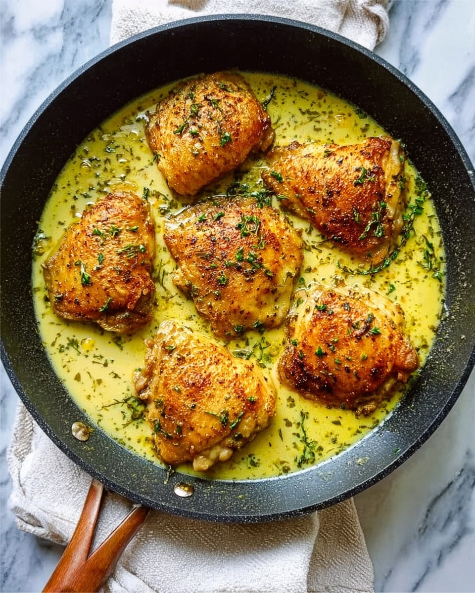 The image shows a black frying pan with five golden-brown cooked chicken pieces in a light yellow sauce with green herbs scattered throughout. The chicken looks crispy with a slightly rough texture on top. The pan is placed on a white marbled surface with a light-colored cloth partially seen under the pan. Photo taken with an iphone --ar 4:5 --v 7