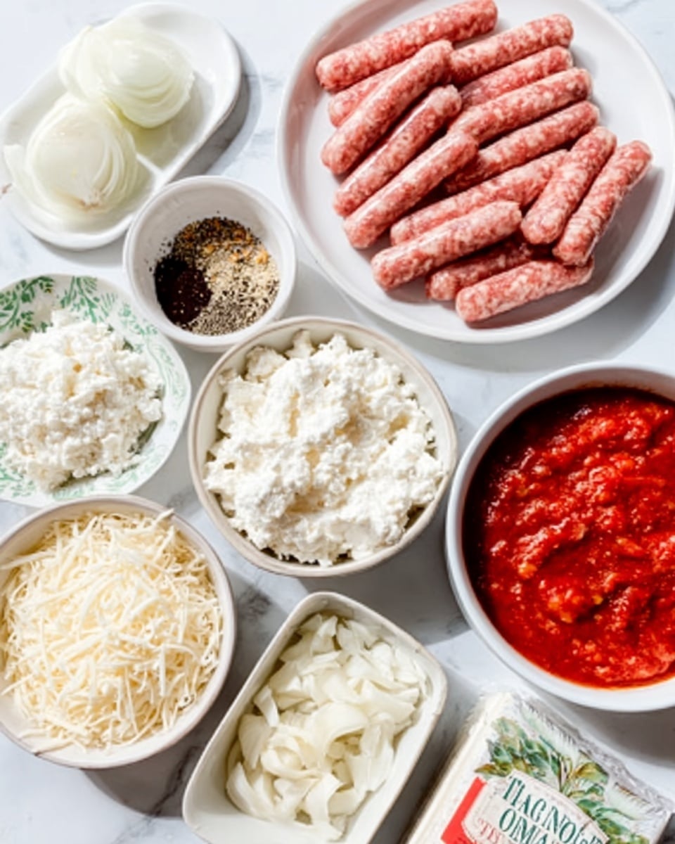 The image shows multiple small white bowls placed on a white marbled surface, each holding different ingredients. There are raw pink sausages arranged in a white bowl at the top right, finely chopped white onions in a small white bowl on the left side, shredded white cheese in another white bowl at the bottom left, and crumbled white cheese on a white plate at the top left. In the center, a white bowl contains creamy white ricotta cheese, and near it, there is a small white dish with garlic cloves and mixed black and white spices. At the bottom right, a white bowl filled with bright red tomato sauce completes the layout, all brightly lit and detailed. photo taken with an iphone --ar 4:5 --v 7