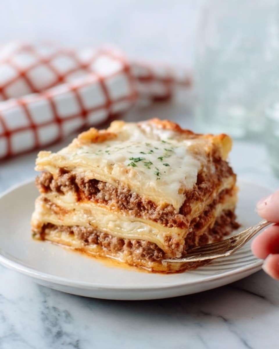A slice of lasagna with four visible layers sits on a white plate. The bottom layer is a light golden pasta sheet, above it is a thick layer of brown minced meat mixed with reddish sauce. Next comes another smooth, pale pasta layer, topped by a creamy white sauce with some melted cheese on top. A woman's hand holds a fork near the plate. The background is a white marbled surface with a blurred checkered cloth and a glass in the distance. Photo taken with an iphone --ar 4:5 --v 7