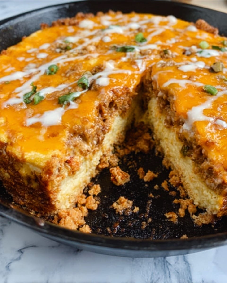 A close-up view of a thick, round layered dish in a black pan on a white marbled surface. The bottom layer is a pale yellow soft base, topped by a thick layer of crumbly brown filling mixed with bits of texture. Above this, a layer of bright orange melted cheese covers the top with small patches of white creamy drizzle and a few green herb pieces scattered over. A piece is missing from the front-right, showing the layers clearly. Photo taken with an iphone --ar 4:5 --v 7