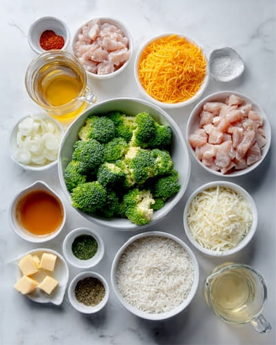 The image shows many small white bowls placed on a white marbled surface, each holding different ingredients. At the center is a larger white bowl filled with bright green broccoli florets. Surrounding it are bowls with diced raw light pink chicken pieces, orange shredded cheese, small diced white onions, and a few other ingredients including white rice, light yellow butter cubes, clear white liquid, light brown broth in a clear glass measuring cup, and a few spices in small bowls with colors like black, green, and red. The arrangement is neat with all bowls clearly visible and spaced evenly. Photo taken with an iphone --ar 4:5 --v 7
