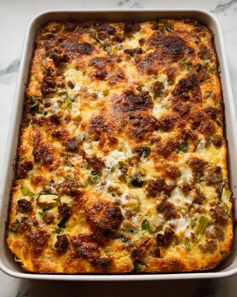 The image shows a rectangular baking pan filled with a baked casserole. The casserole has a rough, golden-brown top layer with spots of darker crispiness. Below the top layer, visible around the edges, there are creamy and slightly yellow parts mixed with green vegetables and small bits of what looks like browned meat or sausage spread unevenly through the dish. The texture on top looks firm and slightly crunchy, while the inside appears soft and moist, with a mix of colors including white, yellow, green, and brown. The pan is placed on a white marbled surface. Photo taken with an iphone --ar 4:5 --v 7