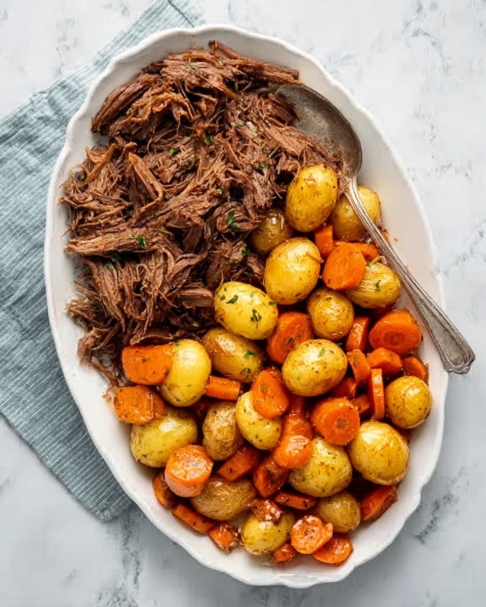 An oval white plate sits on a white marbled surface, filled with two main layers: on one side, shredded brown meat with a slightly moist texture, and on the other side, small round golden potatoes mixed with slices of bright orange carrots, all glistening as if lightly cooked. A silver serving spoon rests in the plate's corner. Photo taken with an iphone --ar 4:5 --v 7