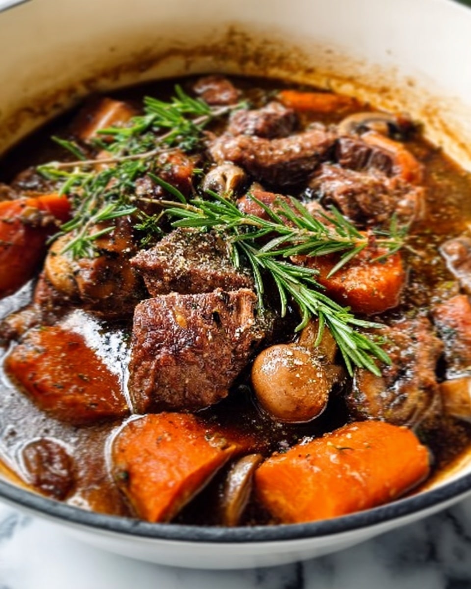 A white bowl filled with a hearty stew that has several layers of ingredients. The top layer shows chunks of tender brown meat mixed with sprigs of fresh green rosemary. Below the meat, there are large pieces of orange carrots and brown mushrooms soaking in a rich, dark brown sauce which looks thick and savory. The bowl sits on a white marbled surface, adding a clean background to the dish. Photo taken with an iphone --ar 4:5 --v 7
