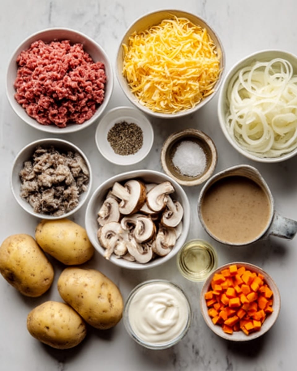 The image shows a collection of white bowls on a white marbled surface, each filled with different ingredients. There is a bowl of raw ground meat, a bowl with shredded yellow cheese, and another with chopped white onions. Three whole potatoes are placed beside the bowls. One bowl contains sliced mushrooms, another has black pepper, and a smaller bowl holds salt. There is also a bowl with a mixture of brown sauce or gravy and a small bowl with white sour cream. Additionally, there is a small bowl of diced orange carrots and a clear glass cup with a light liquid, possibly oil or vinegar. All bowls are neatly arranged in a circular pattern, viewed from above, photo taken with an iphone --ar 4:5 --v 7
