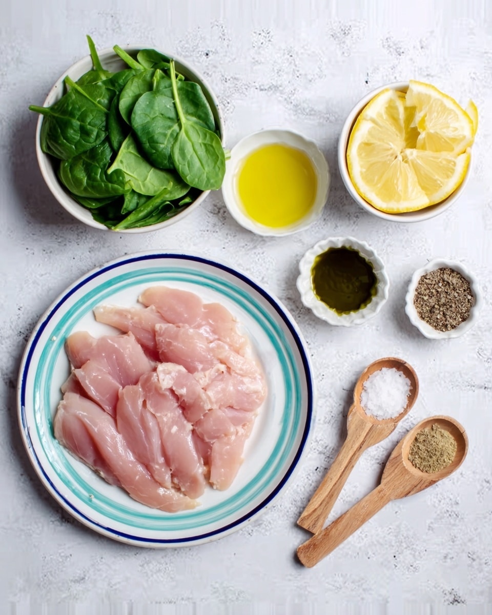The image shows a white plate with a blue rim holding thin slices of raw light pink chicken placed in a neat layer. Around the plate are small white bowls and spoons: one bowl with fresh green spinach leaves, another with bright yellow olive oil, a white bowl filled with lemon wedges, and small wooden spoons containing white salt and a mixture of brown and white spices. All items are set on a white marbled surface. photo taken with an iphone --ar 4:5 --v 7