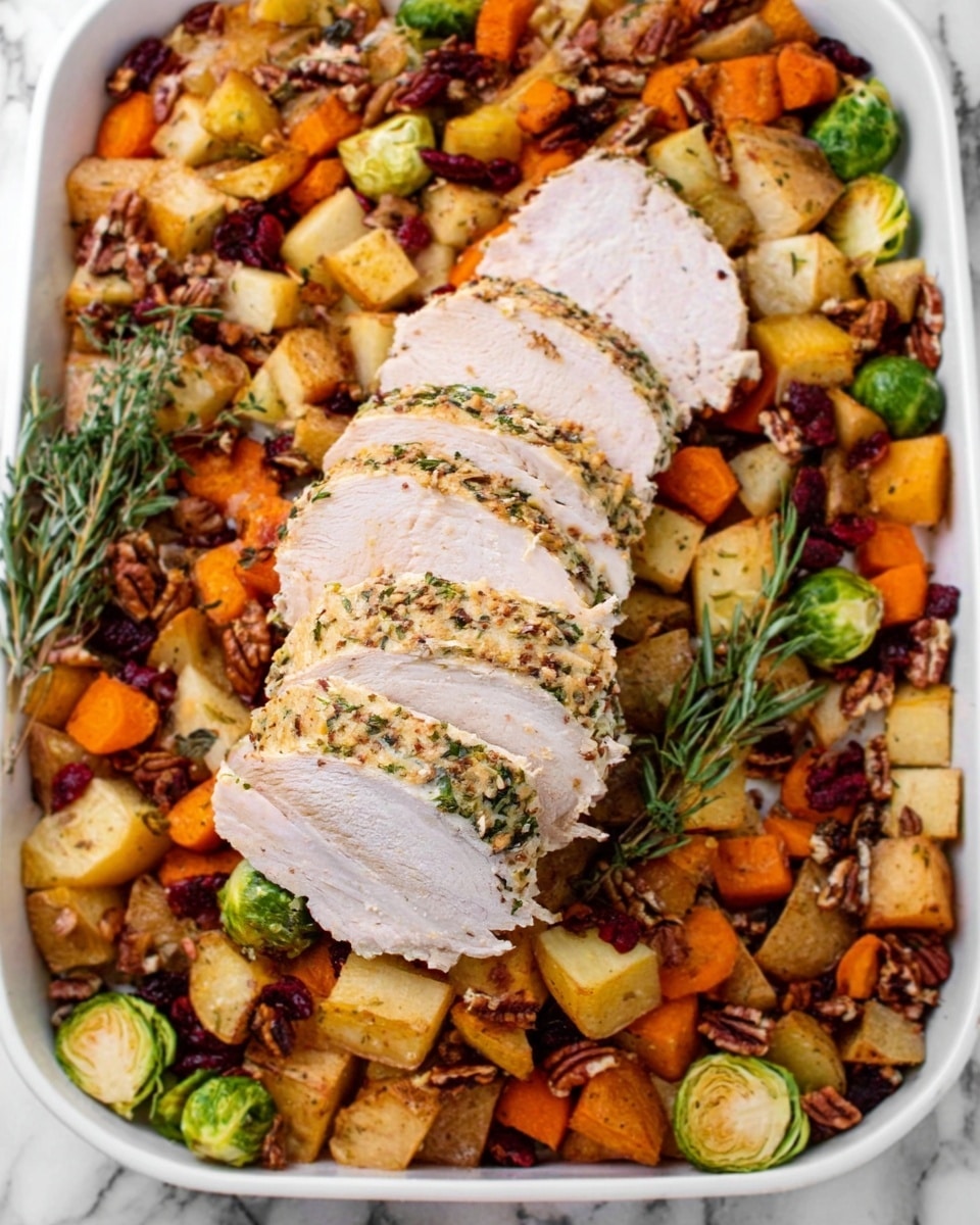 The image shows a white tray filled with roasted vegetables including Brussels sprouts, carrots, and golden potatoes, mixed with pecans. In the center, there are five thick slices of herb-covered roasted turkey placed neatly on top of the vegetables. The colors are warm with golden browns, greens, and orange tones creating a rich, inviting look. The background is a white marbled surface. Photo taken with an iphone --ar 4:5 --v 7
