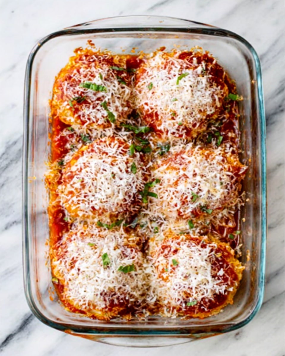 The image shows a clear glass baking dish filled with six round pieces of baked food topped with a layer of red-orange sauce. Each piece is covered with a generous sprinkle of grated white cheese, creating a textured white layer over the red sauce. Small green herb leaves are scattered on top, adding a touch of color contrast. The dish is placed on a white marbled surface. Photo taken with an iphone --ar 4:5 --v 7