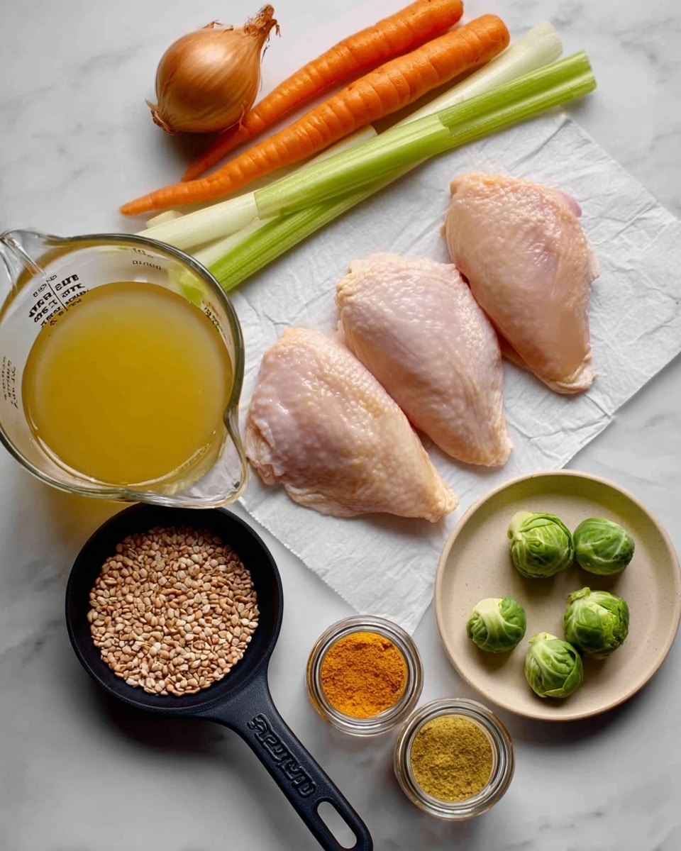 The image shows three raw chicken pieces placed on a white paper on a white marbled surface, arranged near the center. Above them, there are raw vegetables including carrots, celery sticks, and an onion. To the left of the chicken is a clear glass measuring cup filled with light yellow broth. Below the chicken, a small black pan filled with brown grains sits next to two small clear jars with yellow and orange powder spices. A small beige plate nearby holds three green brussels sprouts. There is a woman's hand holding the pan's handle. photo taken with an iphone --ar 4:5 --v 7