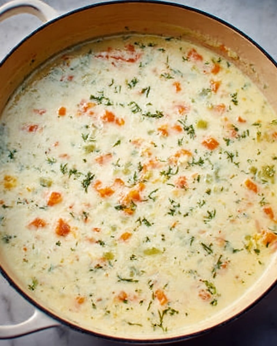 The image shows a white pan filled with creamy white soup with small pieces of orange carrots and light green herbs spread evenly throughout. The soup looks thick with a smooth texture, and tiny bits of vegetables float on the surface, giving it a colorful, speckled look. The pan sits on a white marbled surface, and the bright colors of the soup stand out against the white pan and background. Photo taken with an iphone --ar 4:5 --v 7