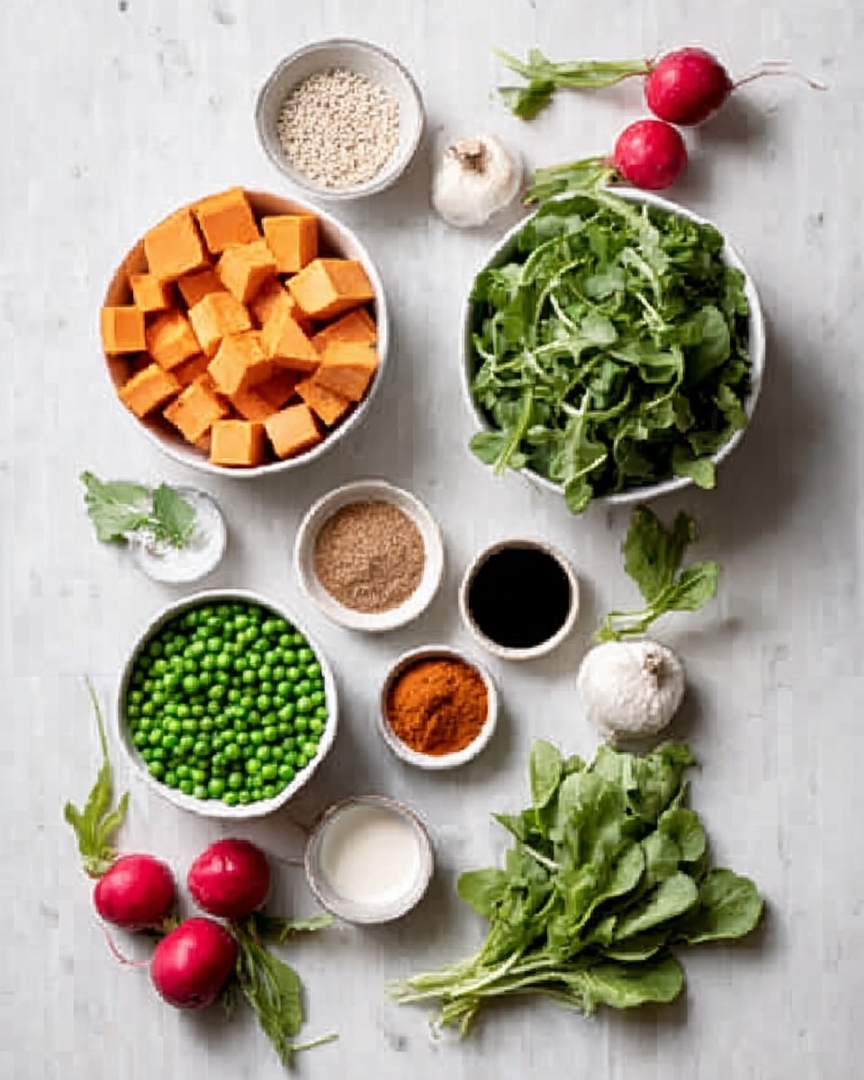The image shows several white bowls and small white dishes arranged on a white marbled surface. There are cubes of orange sweet potato in one white bowl, green peas in another, and a pile of fresh green arugula in a larger white bowl near the top right. Small white bowls hold different ingredients including a brown powder, a reddish powder, black liquid, and a white creamy sauce. Fresh green herbs and whole red radishes with green leaves are placed around the bowls, adding bright colors to the setup. The overall look is neat, fresh, and colorful, with everything well spaced and easy to see. Photo taken with an iphone --ar 4:5 --v 7