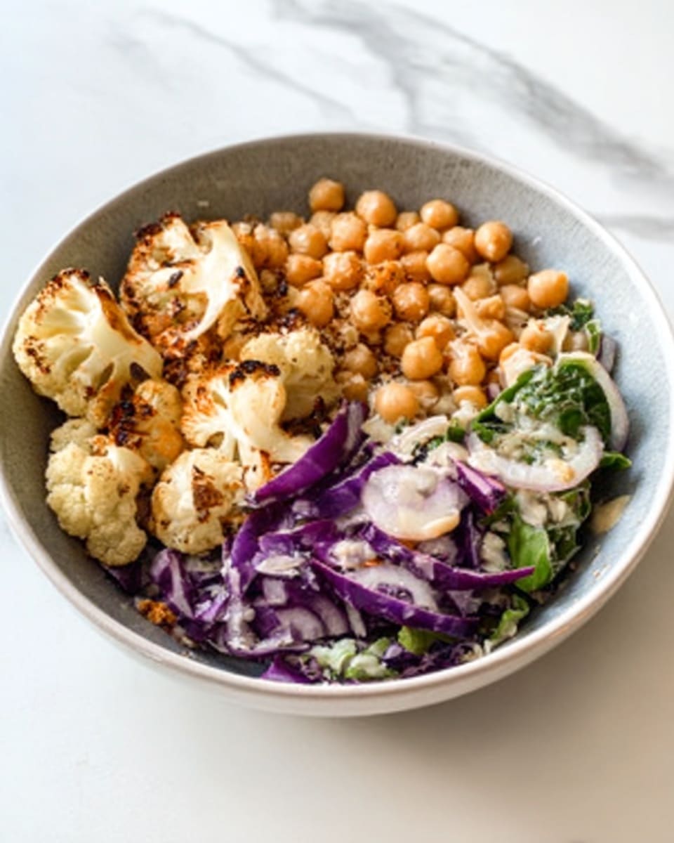A white bowl on a white marbled surface holds a colorful dish with four main parts layered separately. One side has roasted cauliflower pieces with a light golden brown and slightly crispy texture. Next to it are plump, pale beige chickpeas that look soft and round. To one side, there are fresh green leafy vegetables mixed with thin slices of purple cabbage, adding a mix of texture and color. The overall arrangement of ingredients shows clear separation but harmony in the colors, with a natural, fresh look. Photo taken with an iphone --ar 4:5 --v 7