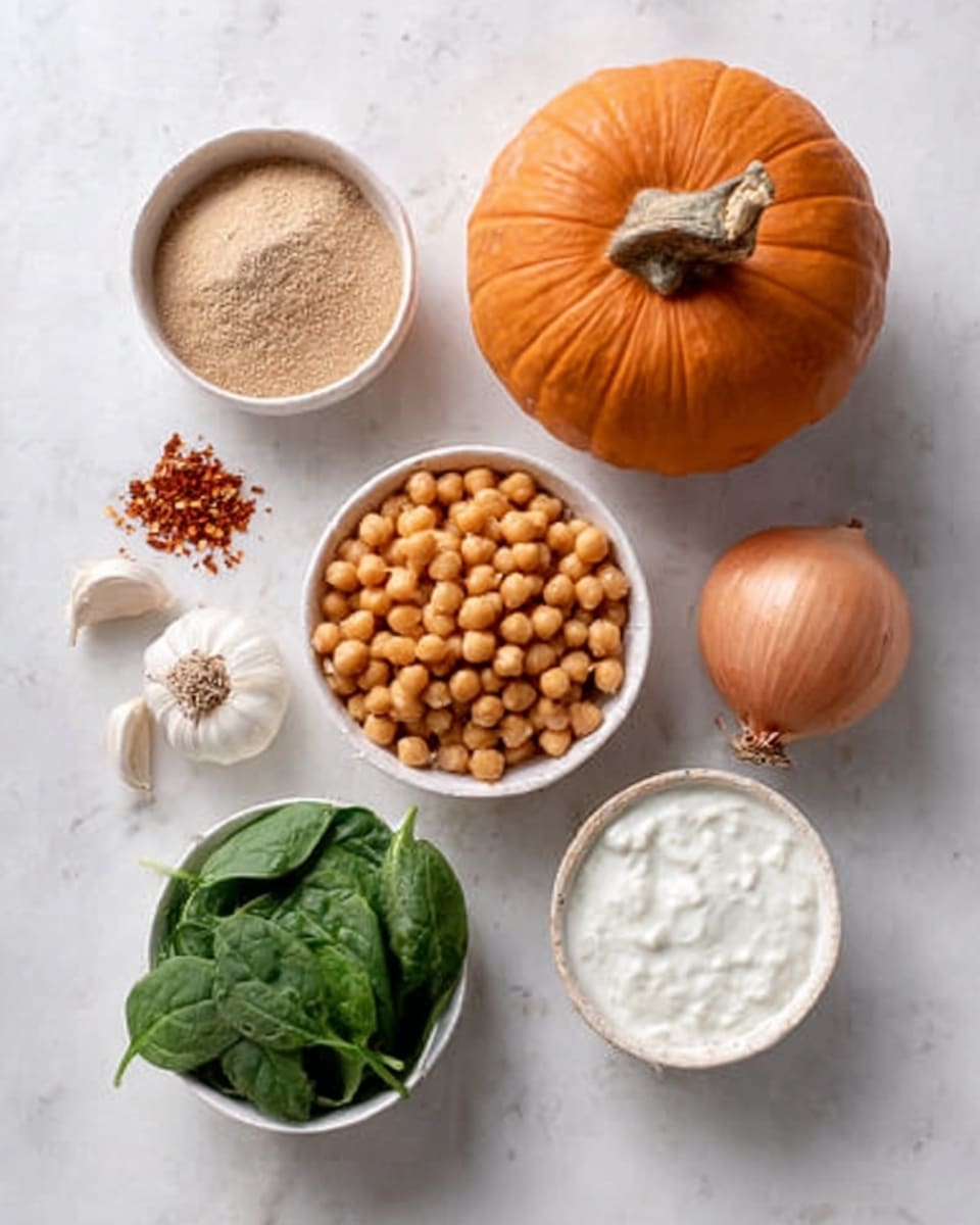 The image shows a white marbled surface with a medium-sized whole pumpkin placed on the upper right. Below the pumpkin, from left to right, are four white bowls: the top bowl contains a light brown powder with some red flakes, the second bowl is filled with round beige chickpeas, the third holds a white creamy substance, and the bottom bowl has fresh green spinach leaves. To the right of the bowls, there are two garlic cloves and a single brown onion arranged close together. The colors are bright and natural, with a clean and simple look. Photo taken with an iphone --ar 4:5 --v 7