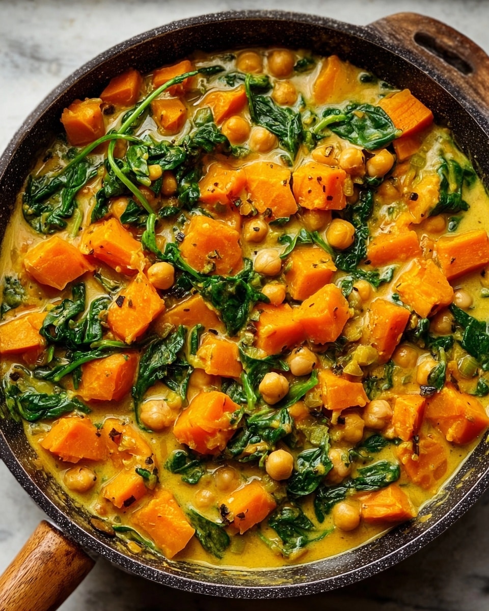 The image shows a close-up of a pan filled with a creamy stew made of orange cubes of cooked pumpkin, light yellow chickpeas, and green leafy spinach mixed throughout. The stew has a thick, smooth sauce in a pale yellow color that coats the ingredients well. The colors of the vegetables contrast nicely, with the bright orange, soft green, and warm yellow all visible. The pan is dark and round with a wooden handle, sitting on a white marbled surface with no other objects around. photo taken with an iphone --ar 4:5 --v 7