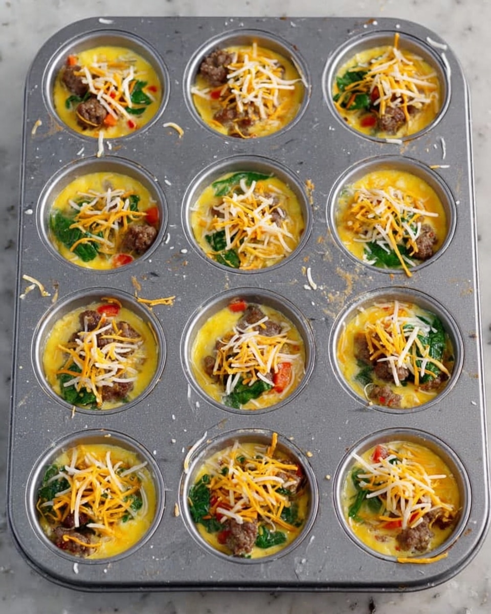 The image shows a metal muffin tray with twelve cups filled with an uncooked egg mixture. Each cup has three layers visible: the bottom layer is a yellow, smooth egg base, the middle layer has pieces of browned sausage, wilted green spinach leaves, and small bits of orange carrot, while the top layer is a sprinkle of shredded white and yellow cheese. The muffin tray rests on a white marbled surface. photo taken with an iphone --ar 4:5 --v 7