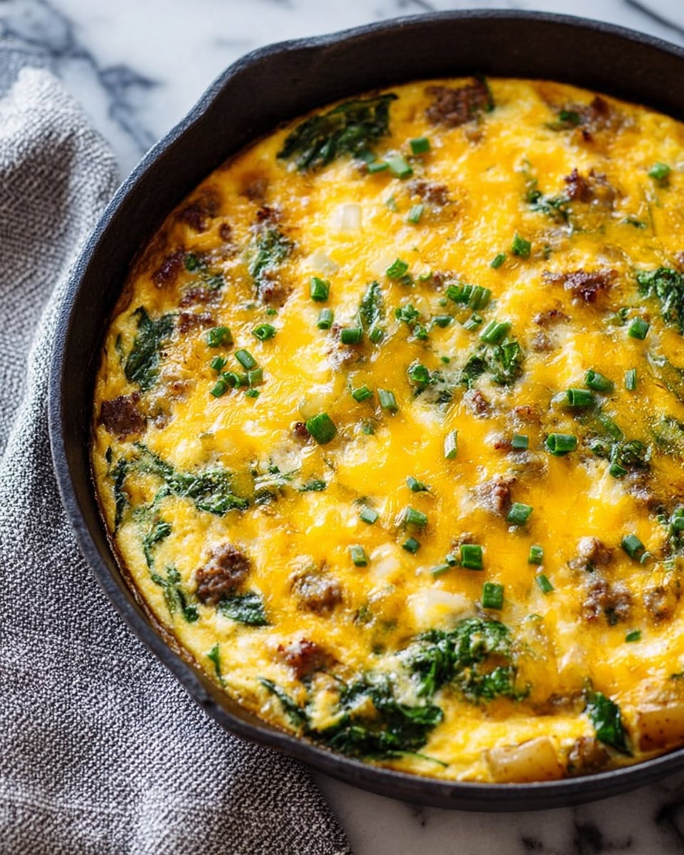 The image shows a skillet filled with a cooked egg dish that has a rich yellow top layer mixed with melted cheese and green bits of chopped spinach scattered throughout. The dish has a slightly rough texture with pieces of browned meat and small cubes of cooked potato visible beneath the cheese layer. The skillet is dark and rests on a white marbled surface with a gray and white striped cloth nearby. Photo taken with an iphone --ar 4:5 --v 7