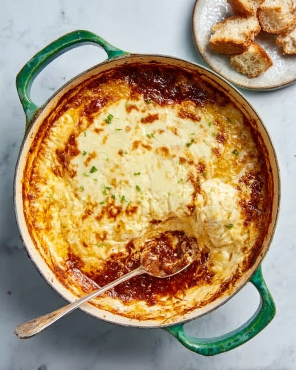 A round white pan with green handles is filled with a thick layer of melted cheese on top, which has light golden spots and a smooth texture. Under the cheese, there is a rich dark red sauce with visible small chunks, showing through parts where the cheese is pulled away by a spoon resting inside the pan. To the top right, there is a small round white plate holding small pieces of light brown bread. All items sit on a white marbled surface. photo taken with an iphone --ar 4:5 --v 7
