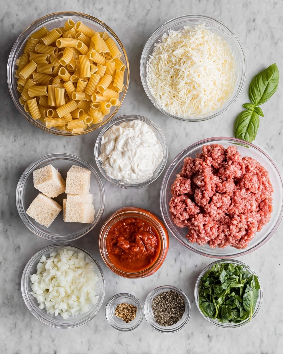 The image shows nine clear glass bowls arranged on a white marbled surface, each with different ingredients. Starting from the top left, there is a large bowl filled with dry, yellow tube pasta. Beside it to the right, a medium bowl holds white grated cheese, and next to that is another medium bowl filled with white ricotta cheese with a soft texture. Below the ricotta, a small bowl contains four beige cubes of yeast. In the center, a large bowl holds raw ground meat with a reddish-pink color and coarse texture. To the lower left of the meat, a medium bowl has finely chopped white onions. Below the onions is a jar filled with red tomato sauce, opened and showing its thick texture. To the right of the onions, a small bowl contains chopped green spinach leaves, and next to it another small bowl shows a mix of black and white dried pepper and herbs. A fresh green basil leaf is placed near these small bowls. Photo taken with an iphone --ar 4:5 --v 7