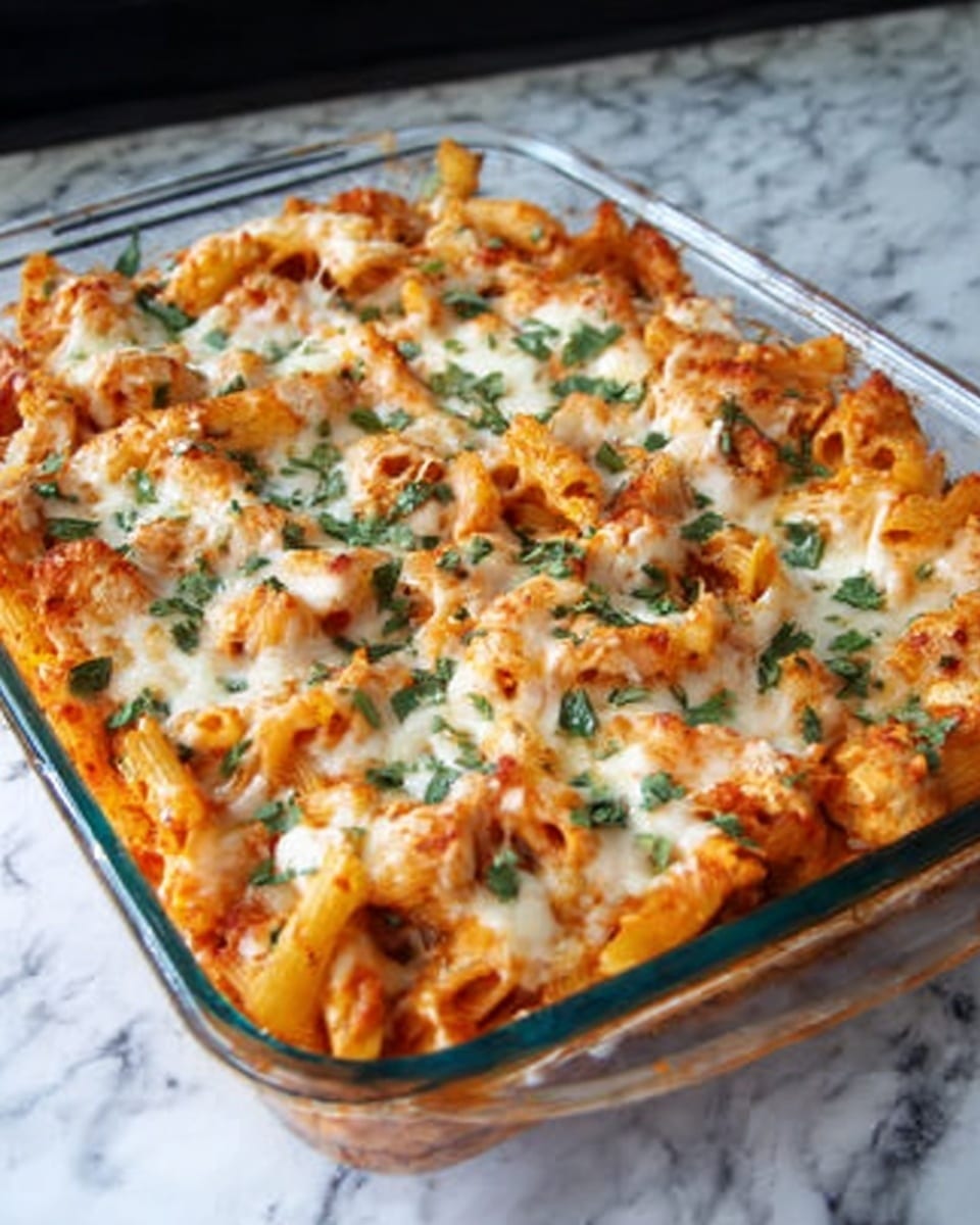 The image shows a glass baking dish filled with baked pasta. The pasta is covered with melted cheese that is golden and slightly browned in spots. There are small green herbs sprinkled evenly over the top, adding a fresh look. The pasta beneath the cheese is orange-red from the tomato sauce, and you can see some pieces of cooked chicken mixed in. The dish is placed on a white marbled surface. Photo taken with an iphone --ar 4:5 --v 7