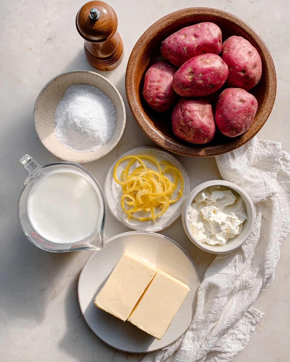 The image shows several cooking ingredients arranged neatly on a white marbled surface. There is a wooden bowl filled with red potatoes at the top, next to a wooden pepper grinder and a white bowl of coarse salt. Below, a small white bowl holds thin yellow slices of what looks like lemon peel. To the left, a clear glass measuring cup is filled with milk, and beside it is a small white bowl of cream. In the center, there is a white bowl with two rectangular blocks of butter. A white cloth napkin is partially folded on the right edge. The scene is softly lit, creating a fresh and clean look. Photo taken with an iphone --ar 4:5 --v 7
