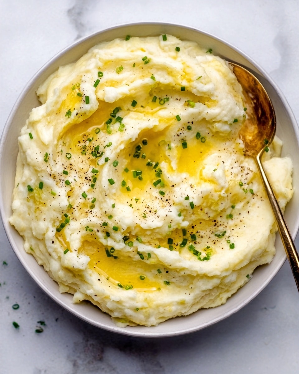 The image shows a bowl of creamy mashed potatoes with a smooth, soft texture and light golden color. The mash is swirled in the middle with a small pool of melted butter adding a shiny, yellow layer on top. There are tiny green chive pieces sprinkled all over for a fresh touch, and a sprinkle of black pepper adds small dark specks. A spoon with a golden handle rests inside the bowl, which is white, and the background surface is white marble. Photo taken with an iphone --ar 4:5 --v 7