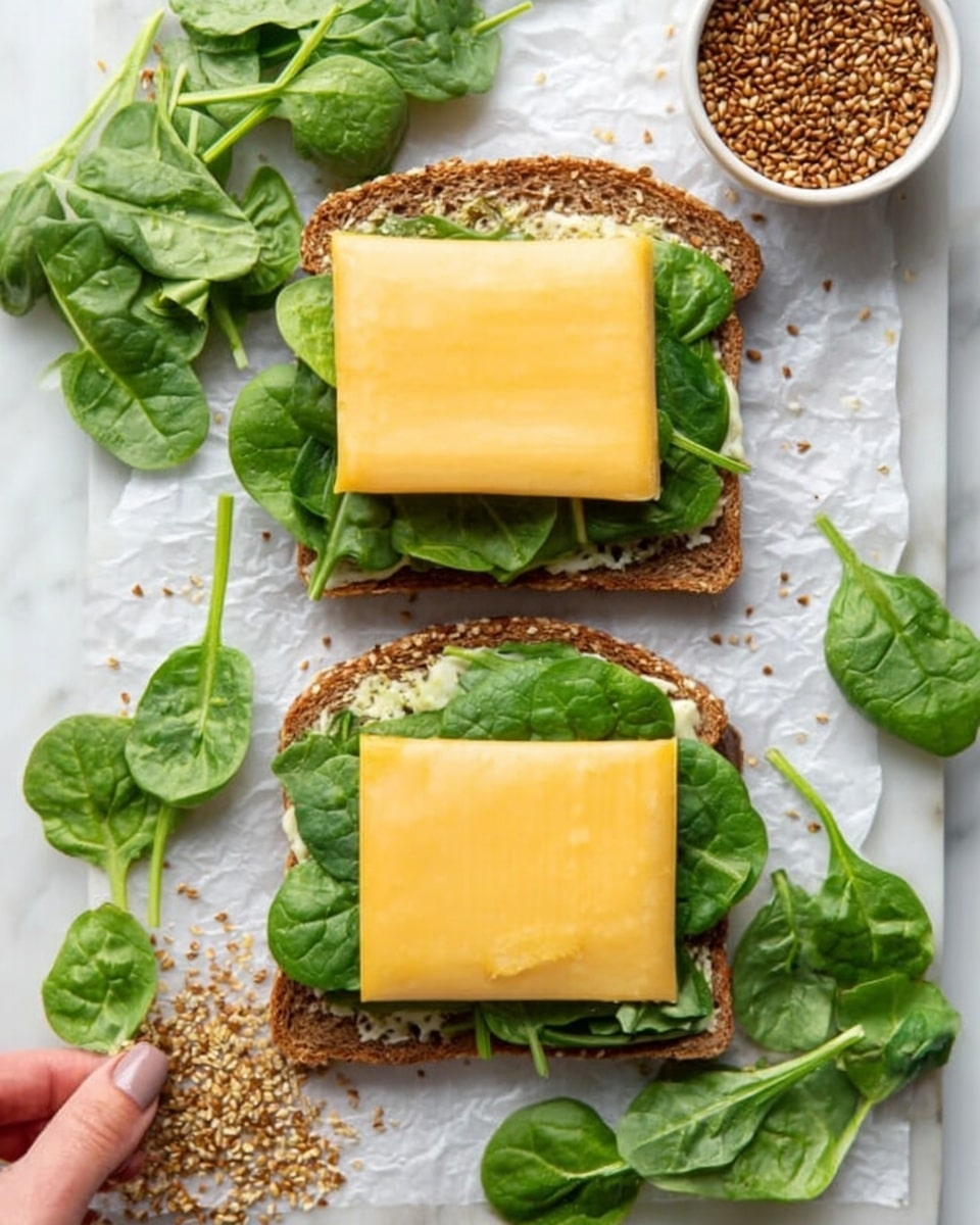 The image shows two open sandwiches on a white marble surface. Each sandwich has two layers: the bottom layer is a slice of toasted whole grain bread, topped with a generous pile of fresh, bright green spinach leaves. The top layer is a slice of yellow cheddar cheese placed neatly on another slice of toasted bread. The sandwiches are side by side with some scattered spinach leaves around them, and there is a woman's hand holding a small white bowl filled with brown mustard seeds near the top of the image. Photo taken with an iphone --ar 4:5 --v 7