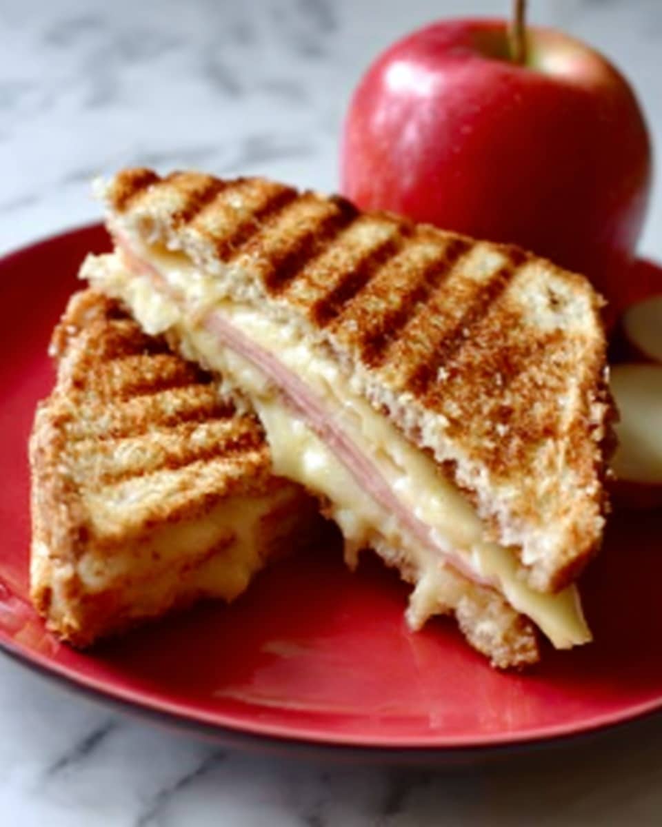 The image shows a toasted sandwich with visible grill marks on the golden brown surface, cut into two triangular halves. Inside the sandwich, layers of melted cheese and slices of light pink deli meat are visible. The sandwich is placed on a white plate with a red apple sitting behind it on a white marbled surface. photo taken with an iphone --ar 4:5 --v 7