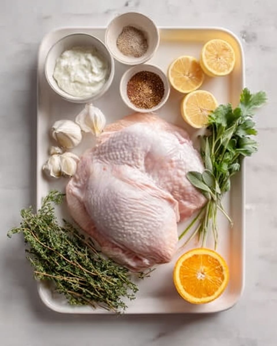 A white tray on a white marbled surface holds a large piece of raw light pink chicken with skin showing texture lying at the center. Above the chicken are fresh green herbs, two peeled garlic cloves and two lemon halves positioned side by side. To the upper left corner on the tray, there is a small white bowl filled with a white creamy substance. Next to this bowl is a small brown bowl containing spices. An orange is sliced in half below the spice bowl. The scene is bright with even lighting and clear focus. Photo taken with an iphone --ar 4:5 --v 7